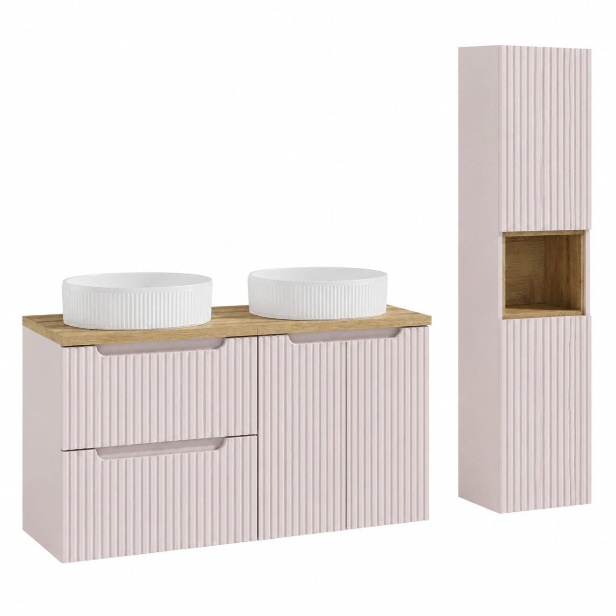 Ensemble de meubles de salle de bain, avec tiroirs, avec portes, en chêne, coloris beige, pour la salle de bain