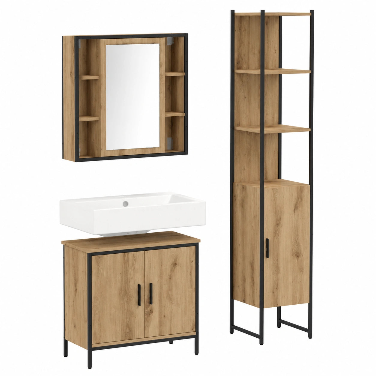 Ensemble de meubles de salle de bain, 3 pièces, avec rangement, avec portes, coloris marron, 33 x 33 x 185,5 cm, pour la salle de bain