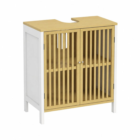 Ensemble de meubles de salle de bain, avec portes, en bambou, coloris blanc et naturel, 60 x 30 x 70 cm, pour la salle de bain